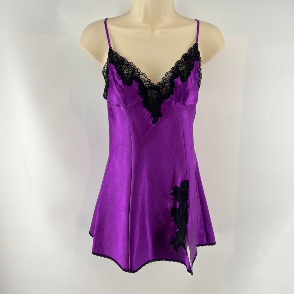 Vtg Frederick's of Hollywood Purple Satin Slip Dress Lace Chemise Lingerie S Y2K